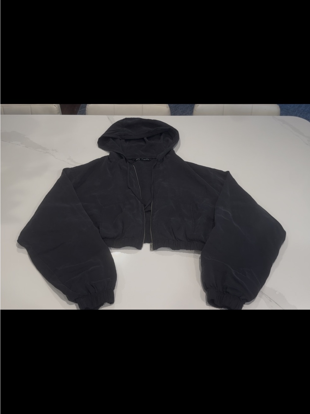 Zara Black Cropped Hooded Bomber Jacket